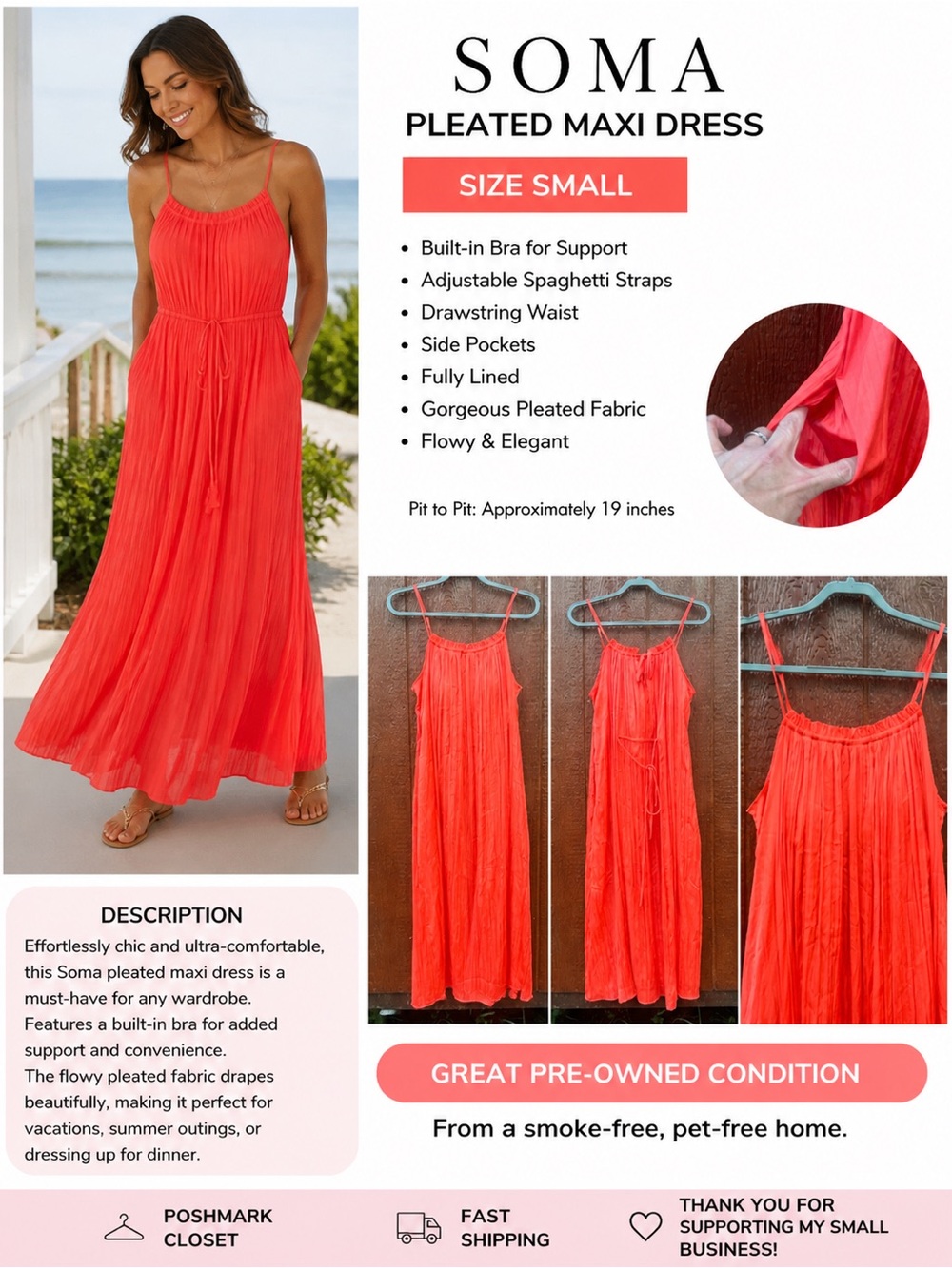 Soma Coral Pleated Maxi Dress Built-In Bra Pockets Size Small Resort Vacation